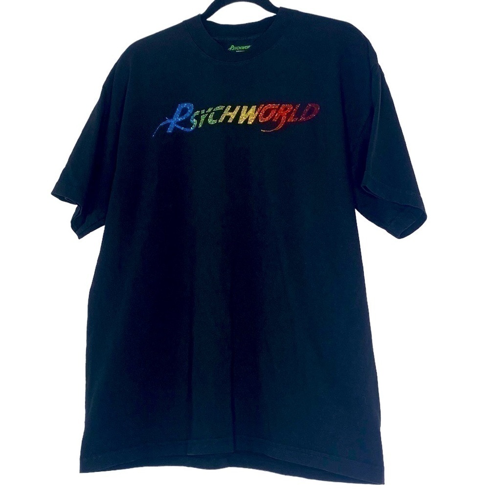 RARE PSYCHWORLD RAINBOW BEJEWELED RHINESTONE BLACK GRAPHIC TEE MENS LARGE